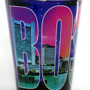 Boston Massachusetts Color Photo Letters Outside Blue Skyline Inside Shot Glass