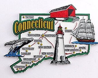 Connecticut State Map And Landmarks Collage Fridge Souvenir Collectible Magnet