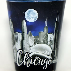 Chicago Illinois Night Moon Outside Blue Skyline Inside Shot Glass