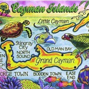 May include: A colorful illustration of the Cayman Islands, featuring the islands of Grand Cayman, Little Cayman, and Cayman Brac. The illustration includes landmarks like Stingray City, Turtle Farm, Hell Seven Mile Beach, and Old Man Bay. The text "Cayman Islands" is written at the top of the illustration.
