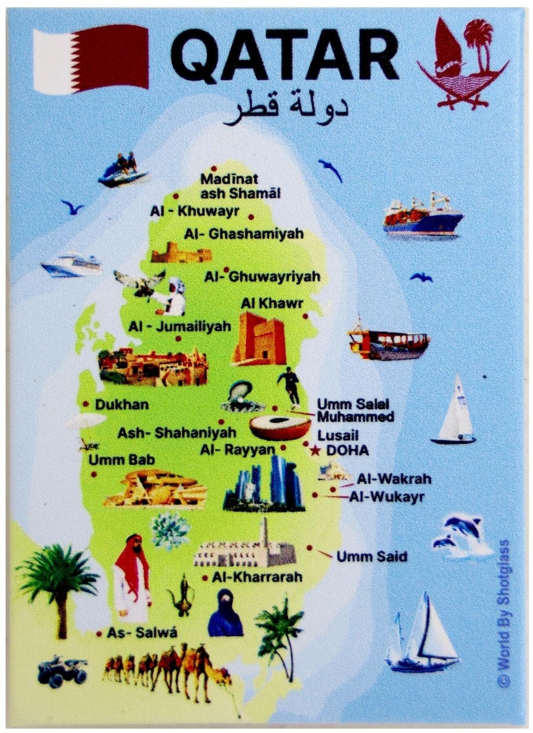 Qatar Graphic Map and Attractions Souvenir Fridge Magnet 2.5