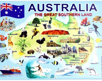 Imán para nevera con mapa gráfico y atracciones de Australia, 2,5 X 3,5