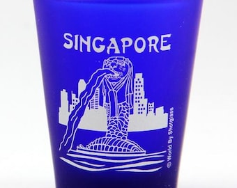 Singapore Merlion Fountain Cobalt Blue Frosted Shot Glass