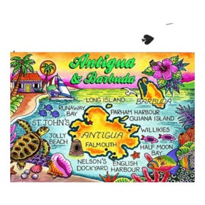 Naipes coleccionables de recuerdo con el mapa de Antigua y Barbuda