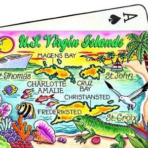 Cartas de baralho colecionáveis com o mapa das Ilhas Virgens Americanas