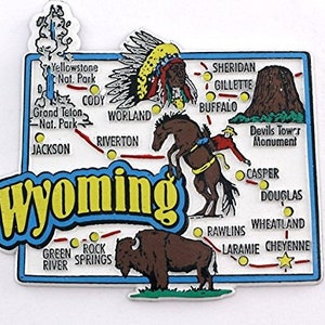 Wyoming State Map and Landmarks Collage Fridge Collectible Souvenir Magnet