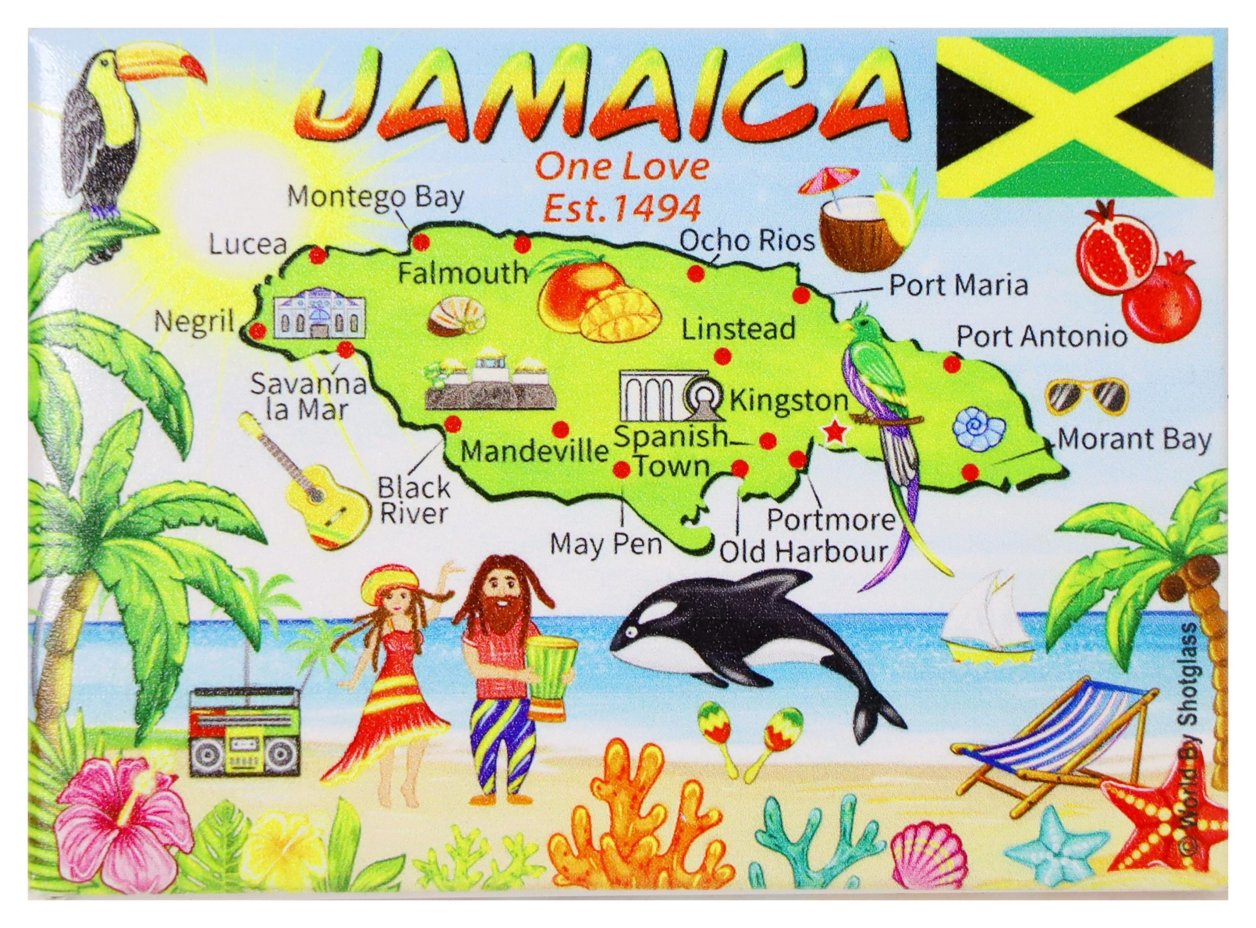 Jamaica Graphic Map and Attractions Souvenir Fridge Magnet 2.5" X 3.5"