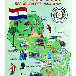 May include: A colorful map of Paraguay with the country's flag in the top left corner. The map shows major cities, landmarks, and points of interest. The text "REPÚBLICA DEL PARAGUAY" is at the top of the map.