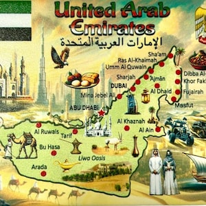 May include: A colorful souvenir featuring a map of the United Arab Emirates, with illustrations of landmarks, traditional figures, and the UAE flag. The text "United Arab Emirates" is displayed prominently.