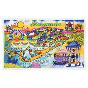 May include: A vibrant Bermuda souvenir postcard. The map shows landmarks such as the Royal Naval Dockyard, Hamilton, and Elbow Beach. The postcard features illustrations of fish, a lighthouse, and a horse-drawn carriage, with the word "Bermuda" at the top.