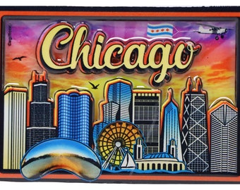 Chicago Illinois Skyline Dual Layer Mdf Fridge Magnet 2.25" X 3.5