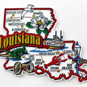 Carte de l'état de la Louisiane et points de repère, collage, réfrigérateur, aimant souvenir de collection
