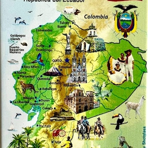 Imán de recuerdo para refrigerador con mapa gráfico y atracciones de Ecuador, 2,5 x 3,5 pulgadas