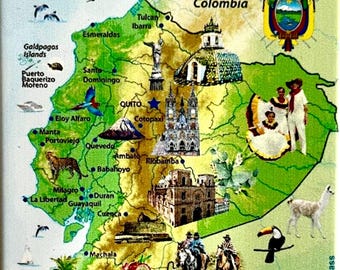 May include: A colorful map of Ecuador with the country's name and "República del Ecuador" written in blue text. The map shows the country's major cities, including Quito, Guayaquil, Cuenca, and Loja. The map also includes images of various landmarks and animals, such as a toucan, a llama, and a hummingbird.