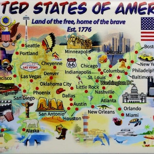 United States USA Graphic Map And Attractions Souvenir Fridge Magnet 2.5 X 3.5