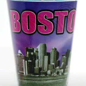 Boston Massachusetts Purple Grey Skyline Outside Blue Skyline Inside Shot Glass