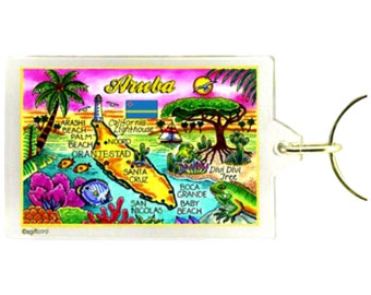 Aruba Map Acrylic Rectangular Souvenir Keychain 2.5 inches X 1.5 inches