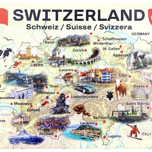 Imán para nevera con mapa gráfico y atracciones de Suiza, 2,5 X 3,5