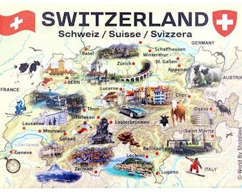 Switzerland Graphic Map And Attractions Souvenir Fridge Magnet 2.5 X 3.5