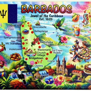 Barbados Graphic Map and Attractions Souvenir Fridge Magnet 2.5&quot; X 3.5&quot;