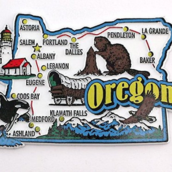 Oregon State Map And Landmarks Collage Fridge Collectible Souvenir Magnet