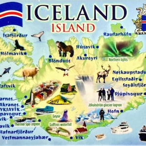 Carte graphique de l'Islande et souvenirs d'attractions, aimant pour réfrigérateur 2,5 x 3,5