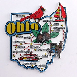 Imán coleccionable de recuerdo para nevera con collage de mapas y monumentos del estado de Ohio