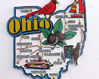 Imán coleccionable de recuerdo para nevera con collage de mapas y monumentos del estado de Ohio