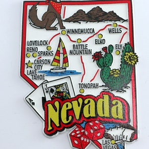 Carte de l'état du Nevada et points de repère, collage, aimant souvenir de collection pour réfrigérateur