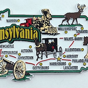 Carte de l'État de Pennsylvanie et collage de monuments, souvenirs, aimant de collection