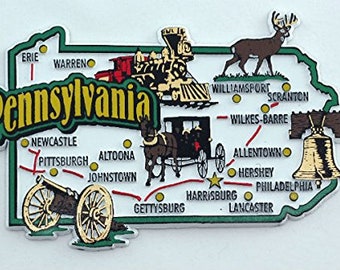 Magnete da collezione con mappa dello stato della Pennsylvania e luoghi di interesse, collage, souvenir da frigorifero
