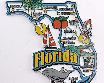 Florida State Map And Landmarks Collage Fridge Souvenir Collectible Magnet