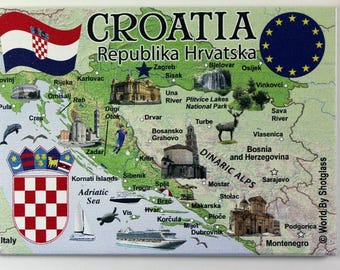 May include: A colorful map of Croatia with the country's name and "Republika Hrvatska" written in large letters. The map shows major cities, rivers, and national parks. The map is surrounded by a blue border with yellow stars.