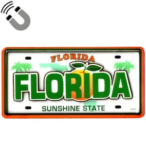 Könnte beinhalten: Ein weißer, orangefarbener und grüner Florida-Kennzeichenmagnet mit den Worten "Florida Sunshine State" und einer Orange mit einem grünen Blatt oben drauf.