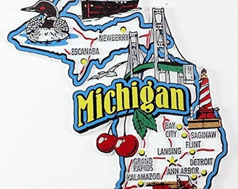 Michigan State Map And Landmarks Collage Fridge Collectible Souvenir Magnet