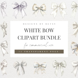 May include: A digital clipart bundle of 15 white bows, perfect for adding a touch of elegance to your designs.  The bows are in various styles and sizes, and are all transparent PNG files.  Designs by Betsy.  White Bow Clipart Bundle for commercial use. 15 Transparent PNGs.