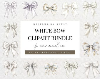Watercolor White Bows Clipart Bundle, White Ribbon Wedding Bows Clipart Pack, White Wedding Bow PNG, White Wedding SVG, Instant Download