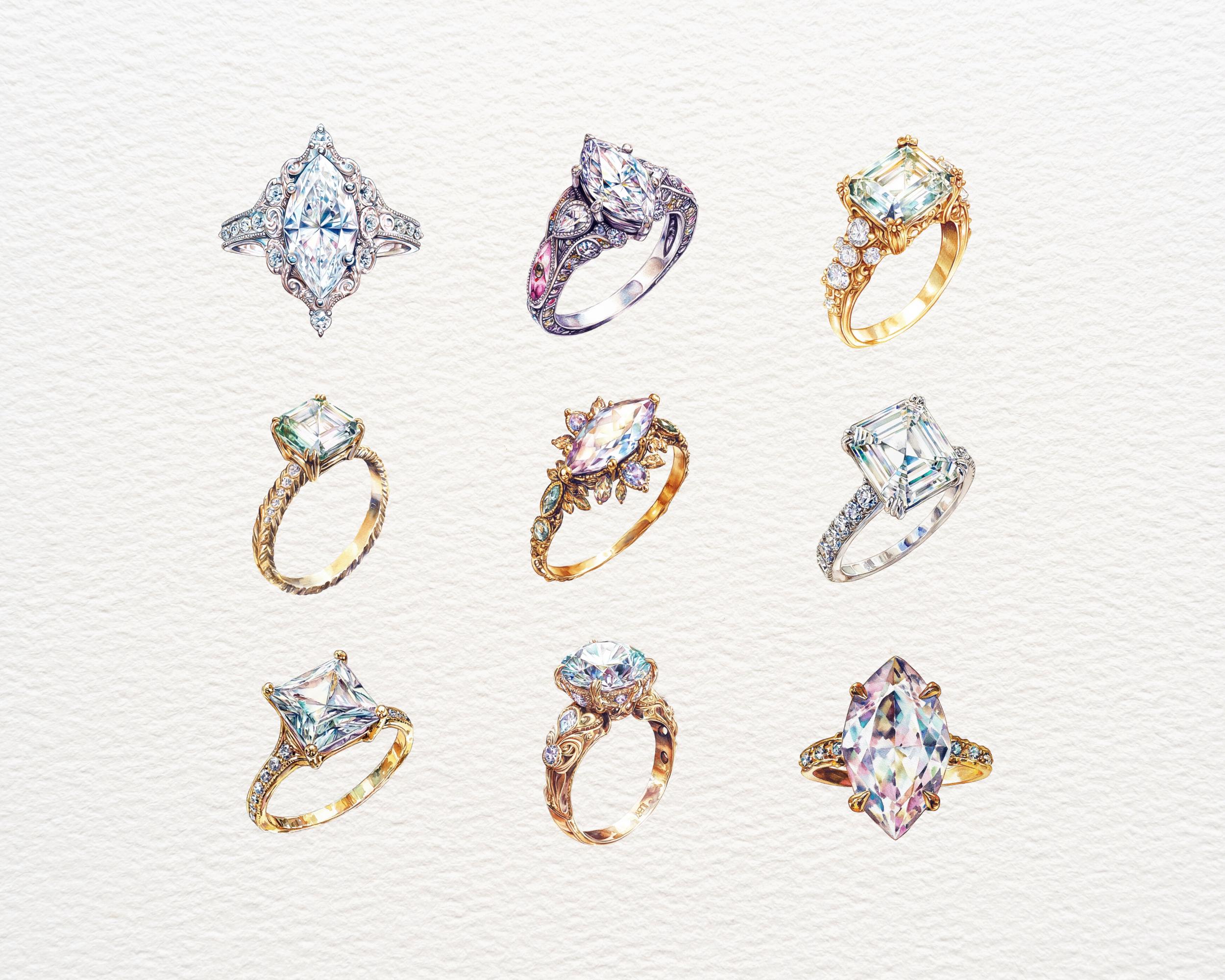 Watercolor Engagement Ring Clipart Bundle, Diamond Rings Clipart Pack ...