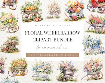 Carretilla floral de acuarela, paquete de imágenes prediseñadas de primavera, colección de imágenes prediseñadas de jardinería, gráfico de jardín de primavera, descarga instantánea