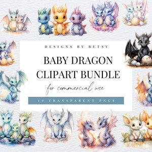 Aquarel baby draken clipartbundel, schattige baby draken clipartpakket, schattige baby draken png, fantasie clipartpakket, Instant Download