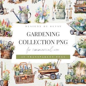 Bundle de cliparts jardinage aquarelle, pack de cliparts jardin printanier, graphiques d'outils de jardinage, PNG esthétique floral printanier, téléchargement immédiat