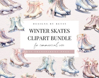 Watercolor Skates Clipart Bundle, Winter Ice Skates Clipart Pack, Pink Christmas Skates PNG, Pink Floral Ice Skates PNG, Instant Download