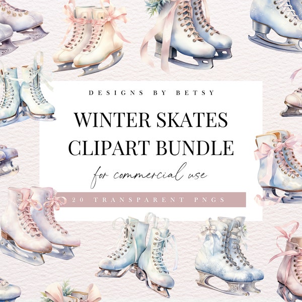 Watercolor Skates Clipart Bundle, Winter Ice Skates Clipart Pack, Pink Christmas Skates PNG, Pink Floral Ice Skates PNG, Instant Download