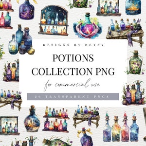 Watercolor Magical Potions Clipart, Magic Fantasy Potions, Witchy Gothic Clipart, Whimsical Apothecary PNG, Instant Download, Commercial Use