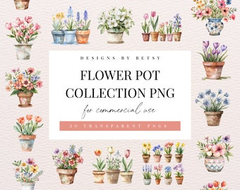 Watercolor Flower Pot Clipart Bundle, Spring Flower Garden Clipart Pack, Garden Flowers Graphics, Floral Spring Aesthetic, Downloadable PNG