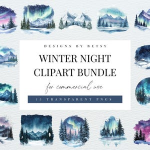 Watercolor Winter Night Clipart Bundle, Winter Night Scene Clipart Pack, Norwegian Nights Graphics, Winter Forest Landscape Aesthetic PNG