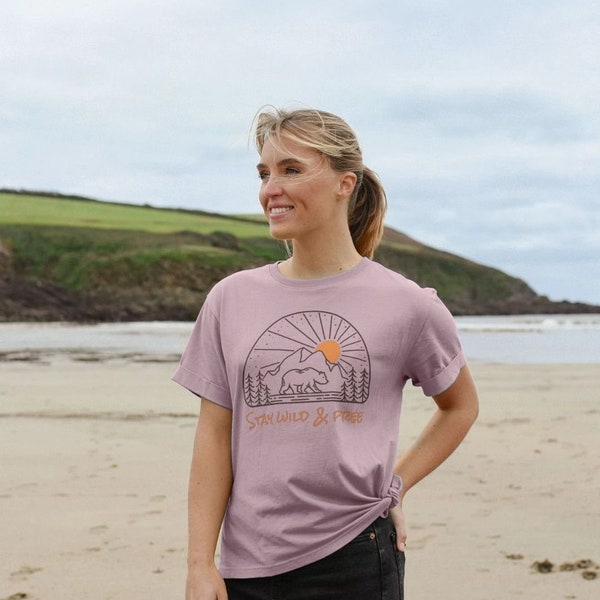 Ladies Wild And Free Relaxed Fit T- Shirt Organically Grown Cotton Made in a Renewable Energy Factory Sustainable Clothing Brand Womens