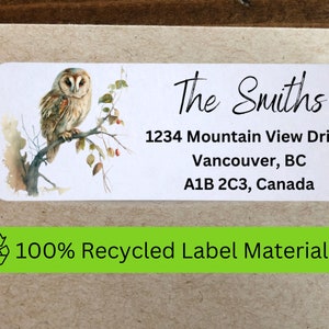 Étiquettes d’adresse de retour de hibou personnalisées auto-adhésives, style de peinture à l’aquarelle, matériau d’étiquette 100 % recyclé, idée cadeau personnalisée Oiseaux de proie
