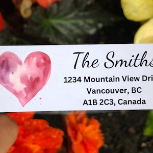 Etiquettes d'adresse auto-adhésives personnalisées cœurs, style aquarelle, matériau d'étiquette 100 % recyclé, idée cadeau personnalisée, Saint-Valentin