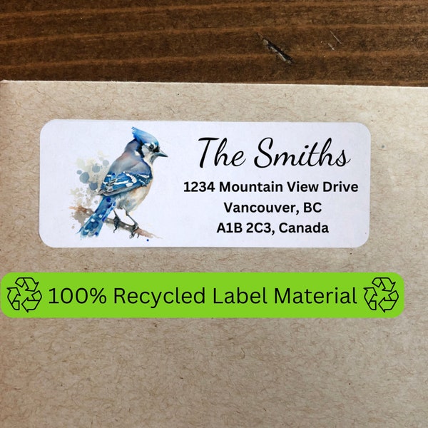 Self Adhesive Personalized Blue Jay Bird Return Address Labels, Water-colour Paint Style 100% Recycled Label Material, Birds, Songbirds